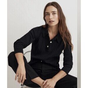 Madewell Womens S Black Variegated Rib Boxy Polo Shirt Long Sleeve Ribbed